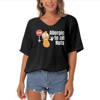 Stop Allergic To All Nuts Funny Nut Gift Women's Bat Sleeves V-Neck Blouse | Mazezy