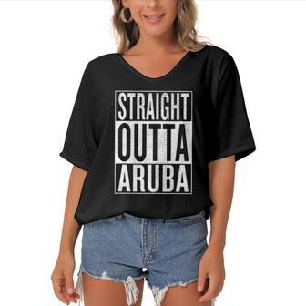 Straight Outta Aruba Great Travel & Gift Idea Women's Bat Sleeves V-Neck Blouse | Mazezy