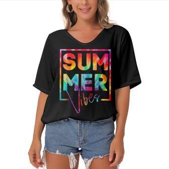 Summer Vibes Tie Dye Hello Summer Vacation Women's Bat Sleeves V-Neck Blouse | Favorety CA