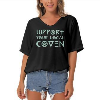 Support Your Local Coven Witch Clothing Wicca Women's Bat Sleeves V-Neck Blouse | Mazezy
