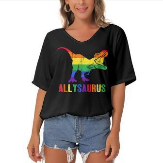 T Rex Dinosaur Lgbt Gay Pride Flag Allysaurus Ally Women's Bat Sleeves V-Neck Blouse | Mazezy