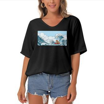 The Capybara On Great Wave Women's Bat Sleeves V-Neck Blouse | Mazezy