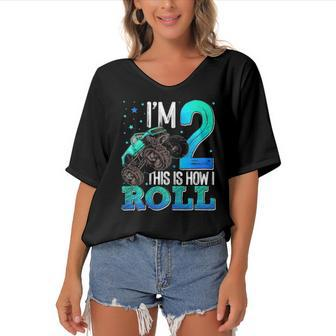 This Is How I Roll 2 Years Old Monster Truck 2Nd Birthday Women's Bat Sleeves V-Neck Blouse | Mazezy