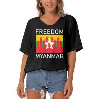 Three Finger Salute Myanmar Freedom Women's Bat Sleeves V-Neck Blouse | Mazezy CA