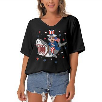 Uncle Sam Riding Shark 4Th Of July Patriotic Boys Kids Funny Women's Bat Sleeves V-Neck Blouse - Seseable