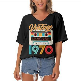 Vintage 1970 Awesome 52 Years Old Retro 52Nd Birthday Bday Women's Bat Sleeves V-Neck Blouse - Seseable