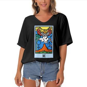 Wait Is This Pixel Art Tarot Yellow - Major Arcana The Lovers Design For Stickers And Women's Bat Sleeves V-Neck Blouse | Favorety UK