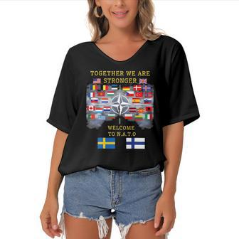 Welcome Sweden And Finland In Nato Together We Are Stronger Women's Bat Sleeves V-Neck Blouse | Mazezy