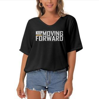 Womens Fitness Gym Keep Moving Forward Art In Front And Back Women's Bat Sleeves V-Neck Blouse | Mazezy
