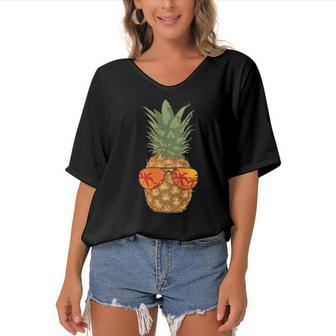 Womens Pineapple Shades Aloha Hawaii Tropical Beach Vintage Women's Bat Sleeves V-Neck Blouse | Mazezy