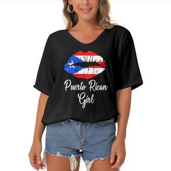 Womens Puerto Rican Girl - Pride Puerto Rico Boricua Girl Lips Women's Bat Sleeves V-Neck Blouse | Mazezy