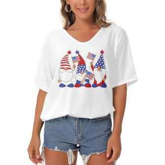 4Th Of July 2022 Patriotic Gnomes Funny American Usa Women's Bat Sleeves V-Neck Blouse | Mazezy