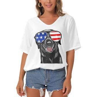 4Th Of July Funny Black Lab Dog American Love Women's Bat Sleeves V-Neck Blouse | Mazezy