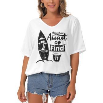 Adventure Await Go Find Itsummer Shirt Travel Tee Adventure Shirts Action Shirt Funny Tees Graphic Tees Women's Bat Sleeves V-Neck Blouse | Favorety AU