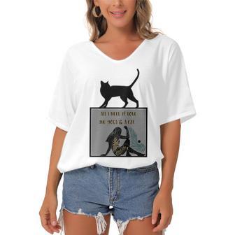 All I Need Is Love And Yoga And A Cat Lovers Gift For Yoga Lovers Funny Cat Women's Bat Sleeves V-Neck Blouse | Favorety