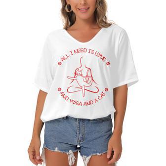 All I Need Is Love And Yoga And A Cat Lovers Gift For Yoga Lovers Red Women's Bat Sleeves V-Neck Blouse | Favorety