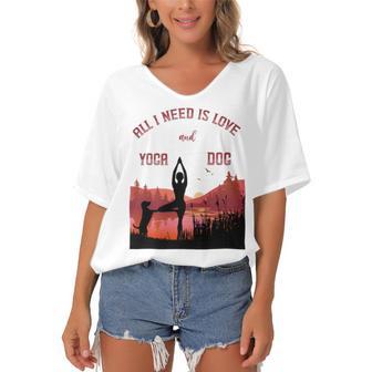 All I Need Is Love And Yoga And A Dog Women's Bat Sleeves V-Neck Blouse | Favorety DE