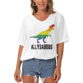 Allysaurus Ally Pride Gay Pride Lgbt Allysaurus Women's Bat Sleeves V-Neck Blouse | Mazezy