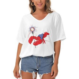 Americana Liberty The Lobster 4Th Of July Women's Bat Sleeves V-Neck Blouse | Mazezy