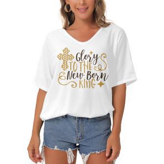 Baby Shower Text Design Glory To The New Born Women's Bat Sleeves V-Neck Blouse | Favorety