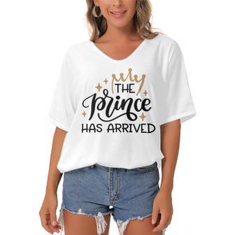 Baby Shower Text Design The Prince Has Arrived Women's Bat Sleeves V-Neck Blouse | Favorety AU