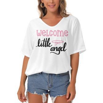 Baby Shower Text Design Welcome Little Angel Women's Bat Sleeves V-Neck Blouse | Favorety UK