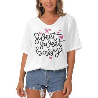 Baby Shower Text Pink Heart Ribbon Design Sweet Sweet Baby Women's Bat Sleeves V-Neck Blouse | Favorety DE