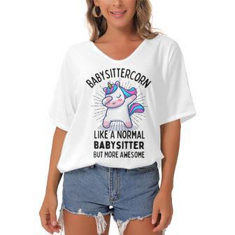 Babysittercorn Funny Unicorn Dabbing Gift Like A Normal Babysitter But More Awesome Women's Bat Sleeves V-Neck Blouse | Favorety CA