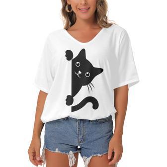 Black Cat Peeking Women's Bat Sleeves V-Neck Blouse | Favorety