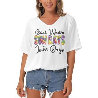 Boat Waves Sun Rays Lake Days Tie Dye Summer Funny Girl Kid Women's Bat Sleeves V-Neck Blouse - Seseable