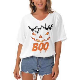 Boo Scary Pumpkin Face Women's Bat Sleeves V-Neck Blouse | Favorety DE