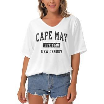 Cape May New Jersey Nj Vintage Sports Design Black Design Women's Bat Sleeves V-Neck Blouse | Mazezy