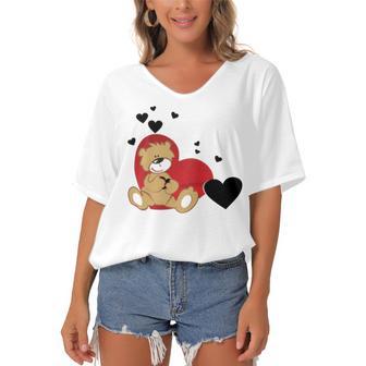 Cartoon Animal Happy Loving Teddy Bear Women's Bat Sleeves V-Neck Blouse | Favorety DE