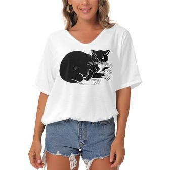 Cat Cut Cat Cat Lovers Black Cat Funny Cat Birthday Cat Gift Cat Danger Kitty V3 Women's Bat Sleeves V-Neck Blouse | Favorety UK