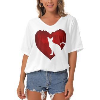 Cat Heart Shirt Cat Lovers Valentine Day Gifts For Couple Women's Bat Sleeves V-Neck Blouse | Favorety