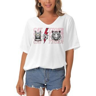 Cat Vs Tiger Gift Birthday Holiday By Mesa Cute Black Women's Bat Sleeves V-Neck Blouse - Monsterry AU
