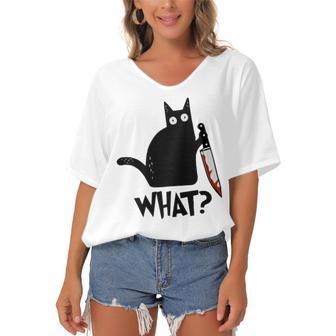 Cat What Murderous Black Cat With Knife Women's Bat Sleeves V-Neck Blouse | Favorety DE