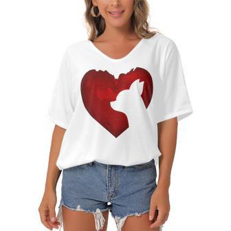 Chihuahua Shape With Red Heart Painting For Valentine Day Women's Bat Sleeves V-Neck Blouse | Favorety