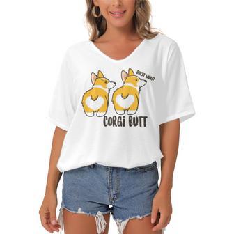 Corgi Set Sticker Design Funny Corgi Set Stickers Women's Bat Sleeves V-Neck Blouse | Favorety UK