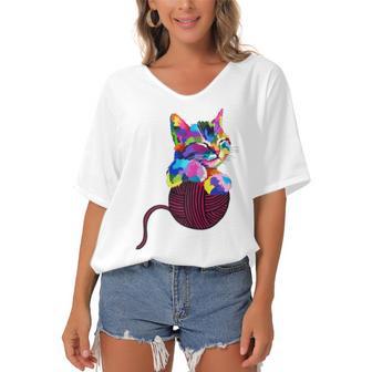 Cute Cat Gift For Kitten Lovers Colorful Art Kitty Adoption Women's Bat Sleeves V-Neck Blouse | Favorety AU