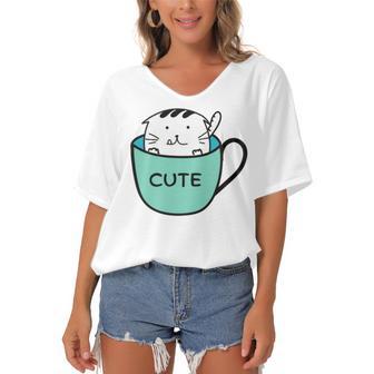 Cute Cat In Mug Women's Bat Sleeves V-Neck Blouse | Favorety UK