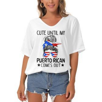 Cute Until My Puerto Rican Comes Out Messy Bun Hair Women's Bat Sleeves V-Neck Blouse | Mazezy