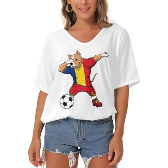 Dabbing Pitbull Romania Soccer Fans Jersey Romanian Football Women's Bat Sleeves V-Neck Blouse | Mazezy