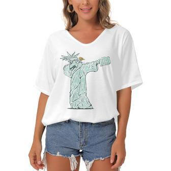 Dabbing Statue Of Liberty 4Th Of July Women's Bat Sleeves V-Neck Blouse | Mazezy