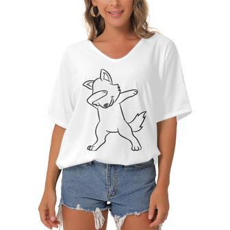 Dabbing Wolf Funny Wolf Lover Cute Wolves Women's Bat Sleeves V-Neck Blouse | Mazezy