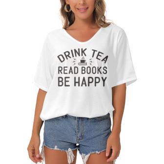 Drink Tea Read Books Women's Bat Sleeves V-Neck Blouse | Favorety