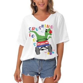 Easter Dinosaur Happy Eastrawr Easter Saurus Rex Women's Bat Sleeves V-Neck Blouse | Favorety CA