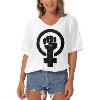 Feminist Raised Fist - Distressed Fitted Women's Bat Sleeves V-Neck Blouse | Favorety AU