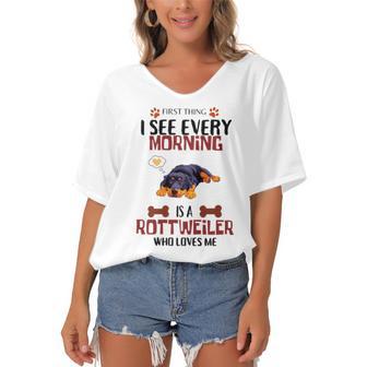 First Thing See Every Morning Is A Rottweiler Who Loves Me Women's Bat Sleeves V-Neck Blouse | Favorety AU