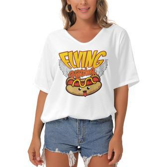Flying Hot Dog - Funny Sausage Lovers Women's Bat Sleeves V-Neck Blouse | Mazezy